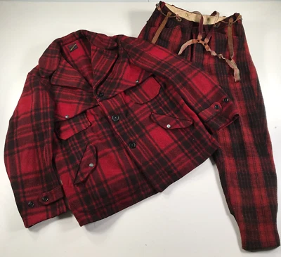 Vintage Mens M Hunting Suit Red Black Buffalo Plaid Soo Woolen Mills Super Dux - Image 1 of 4