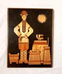 Vintage UdSSR Russisches Holz Stroh Intarsien Wandrelief Rustikal Bauer Volkskunst Zholbin - Bild 1 von 9