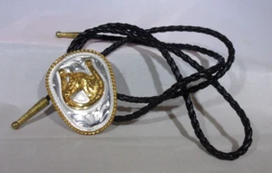 Western Horseshoe German Silver/Gold with Horse Head Bolo Tie - NEW - Picture 1 of 2