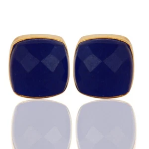 Cushion Shape Blue Aventurine Yellow Gold Plated Stud Earring Gift For Women's - Picture 1 of 5