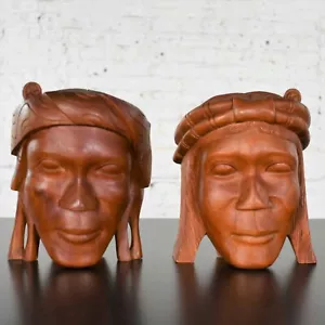Fermalibri statuine tribali vintage in legno intagliato solo teste - Foto 1 di 12