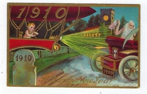 Neujahrspostkarte 1910 Baby neben Grabstein fliegender Zeppelin mit Vaterzeit - Bild 1 von 2