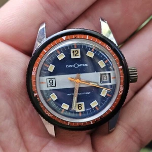 Vintage CustOmTime Day Diver Automatic Swiss Watch Runs Blue Dial - Picture 1 of 8