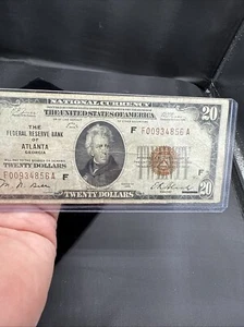 1929 $20 TWENTY DOLLAR BILL FEDERAL RESERVE BANK NOTE BROWN SEAL ATLANTA - Picture 1 of 8
