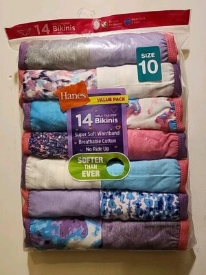 New Hanes 14 Pack Girls' Tagless Bikinis breathable cotton multi color size 10 - Image 1 of 4