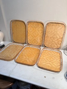 SET OF 6 Rattan Bamboo Tray Wicker Tiki Lap TV Serving Platter 19x13 Vintage - Picture 1 of 6