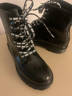DKNY Women Black Glossy Tibby Waterproof Combat Boots Size 9 Euro 40 - Image 1 of 4
