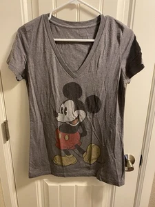 Disney L Top Mickey Mouse Gray Shirt Juniors Large Lg V-neck T-shirt - Picture 1 of 4