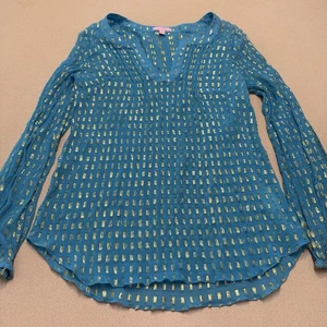 Lilly Pulitzer Colby Crinkle Silk Sheer Blouse Top Blue Metallic Gold Sz Large - Picture 1 of 14