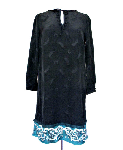 Abito Coach taglia 2 donna nero piuma ferro di cavallo damascato verde panna orlo nuovo con etichetta