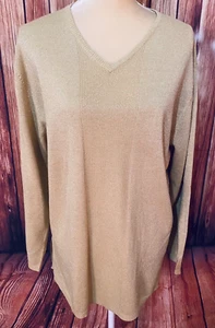 Women’s Large Petite Sweater Sag Harbor Gold Glittered Lightweight Knit V Neck  - Picture 1 of 10