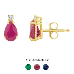 14K Yellow Gold 7x5mm Pear Shape Natural Ruby Diamond Accent Stud Earrings - Picture 1 of 4