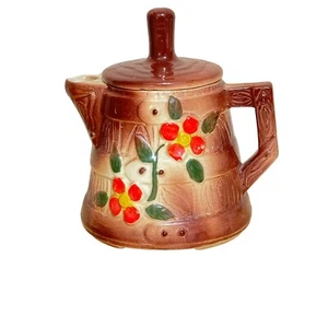Vintage McCoy Pottery Teapot Brown Drip Glaze Floral Embossed Ceramic 6.5” Tall - Picture 1 of 11
