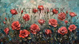 Digital Photo Image Oil Painting Field with Red Roses Picture Art Wallpaper - Picture 1 of 1