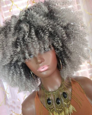 Peluca corta mullida afro rizada rizada con flequillo gris ombre pelucas completas sintéticas EE. UU. Foto 1 de 4
