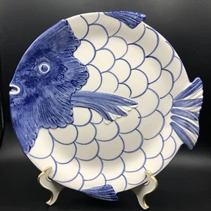 Italian 12" Round Fish Platter Dish Hand Painted Blue & White - Picture 1 of 6