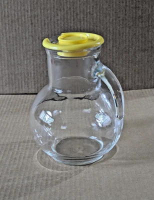 Vintage Glass Pitcher W / Yellow Plastic Lid Refrigerator Pitcher Lemonade Juice - Image 1 of 4