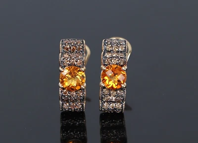 CHINA 10K Yellow Gold Citrine Chocolate Round Diamond Omega Back Earrings - Image 1 of 4