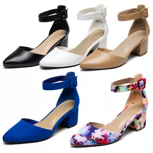 Women's Ankle Strap Pump Shoes Low Chunky Heel Pointed Toe Buckle Dress Shoes - Picture 1 of 62