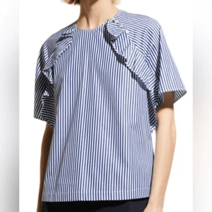 NWT Harshman Anthropologie Plus Size Lucien Blue White Stripe Ruffle Blouse 3XL - Picture 1 of 8