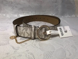 Neu Gürtel Michael Kors MK Logo rund goldene Schnalle Mini Kette vanille/braun Größe L - Bild 1 von 10