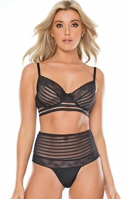 Conjunto de sujetador y tanga para mujer negro cintura alta panty con aros a rayas malla top S M L Foto 1 de 4