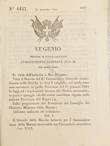 Decreto Eugenio - Litorale delle Marche formerà un Circondario Marittimo - 1860 - Picture 1 of 1