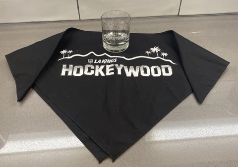 Los Angeles Kings “HOCKEYWOOD” Whiskey Glass and Bandana NEW never used!!! LA Cover