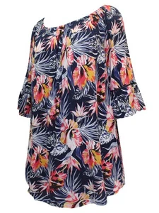 Ulla Popken Bardot Top NAVY HIBISCUS Print UK Plus Sizes 20/22 24/26 & 32/34 - Picture 1 of 3