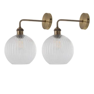 2er Set Vintage Design Antik Messing Wandleuchte Lampen gerippte Glasschirme - Bild 1 von 6