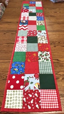 Christmas Table Runner Handmade  Quilted Patchwork Squares 12" x 58" New - Image 1 of 4