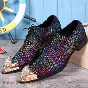 Herren Punk Spitz Metall Zehe Schnürung Bunt Leder Elegant Formell Nachtclub Schuhe - Bild 1 von 14