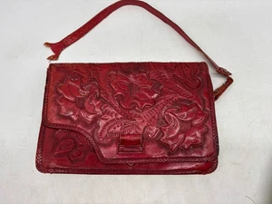 Vintage rote verzierte Leder Geldbörse J.E. Gomez Mexico Clutch Blumen LESEN Used-Look - Bild 1 von 20