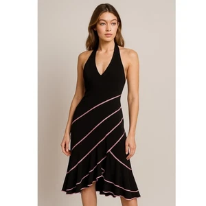 Vintage Charlotte Russe Black Halter Dress Women Pink Trim Ruffle Midi Party Y2K - Picture 1 of 5