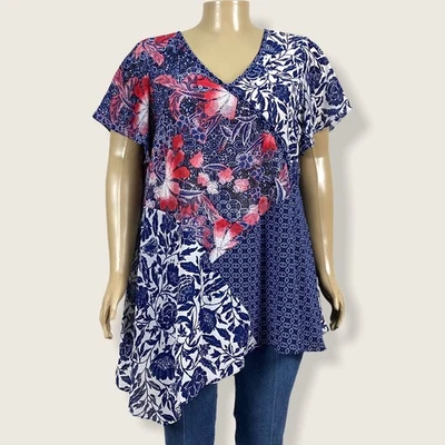 Jessica Simpson Red Blue Floral Asymmetric Hem Tunic Shirt Top 1X PLUS Maternity - Image 1 of 4