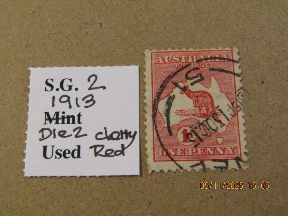 AUSTRALIA SG 2 KANGAROO 1d DIE 2 CLOTTED RED USED - Image 1 of 1