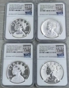 US 2017 225th Anniversary American Liberty 1 oz argento 4 medaglie set SP70/PF70/MS70 - Foto 1 di 9