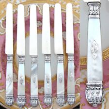 Antique French Hallmarked Silver & Mother of Pearl 6pc 7 5/8" Dessert Knife Set