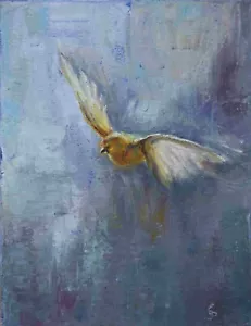 Painting original oil on canvas of a flying canary bird, semi abstract fine art. - Picture 1 of 12