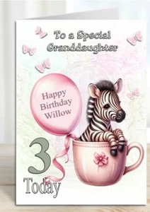Personalisierte Kindergeburtstagskarte Baby Zebra A5 Größe jede Beziehung oder jeder Name - Bild 1 von 4