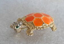 Turtle Brooch Orange Enamel Rhinestones Gold tone Metal Pin Costume Jewelry