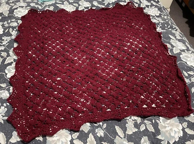 Handmade Crochet Burgundy Throw Rug Travel Blanket 100% Pure Wool - image 1 of 3