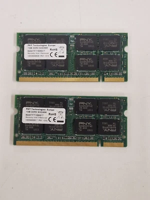 2 x PNY 1GB RAM SODIMM 64A0TFTYE8G17 PC2-5300 DDR2 667MHz - Image 1 of 4