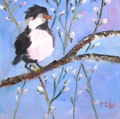 Delilah Chickadee柳树鸟印象派油画原版真品证明 — 第 1/4 张图片