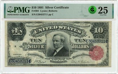 1891 $10 Silver Certificate Tombstone Fr# 301 PMG VF25 GCC Green - Image 1 of 2