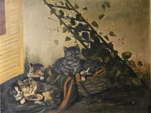 Antique American Folk Art Oil Painting Kittens Cats in Garden / Basket, Unframed - Picture 1 of 23
