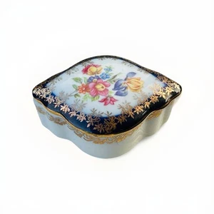Vintage German Porcelain Trinket Jewelry Box Marked Cobalt 11 Blue Gold Floral - Picture 1 of 10