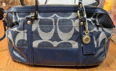 Bolso Cartera Bolso de Mano COACH Signature Denim Cuero Azul Rayas 12551 Foto 1 de 4