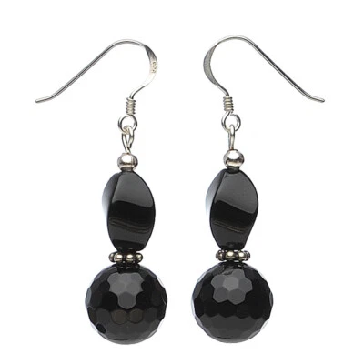 Orecchini Pendenti, Onice Reale Facettato, Argento 925, 4.7cm, Nero, Donna - Immagine 1 di 3
