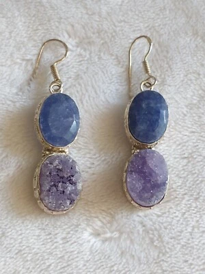 Pendientes colgantes grandes 34e Cl zafiro druzy 925 Foto 1 de 4